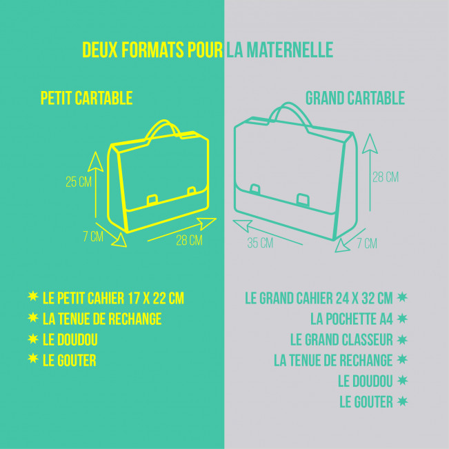 Grand cahier, cartable maternelle, turquoise, kaki & marine