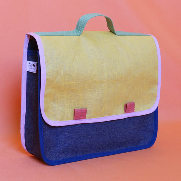 Petit cartable jaune & jean, Biais rose