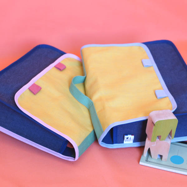 Petit cartable jaune & jean, Biais bleu