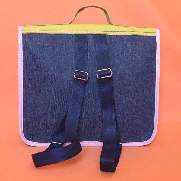 Petit cartable jaune & jean, Biais bleu