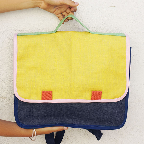 Petit cartable jaune & jean, Biais rose