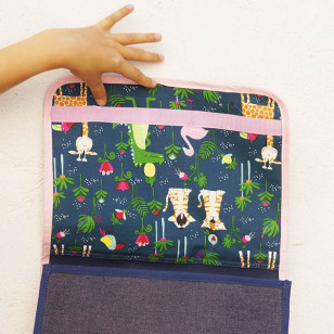 Petit cartable jaune & jean, Biais rose