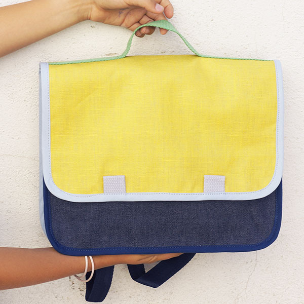 Petit cartable jaune & jean, Biais bleu