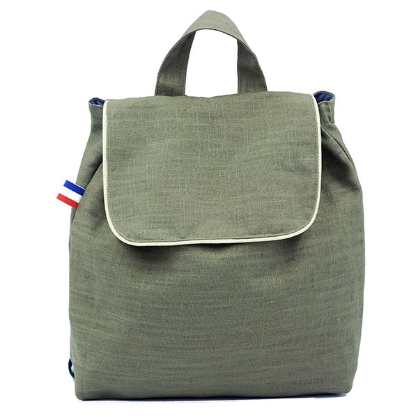 Sac à dos enfant, lin kaki, bord cuivré