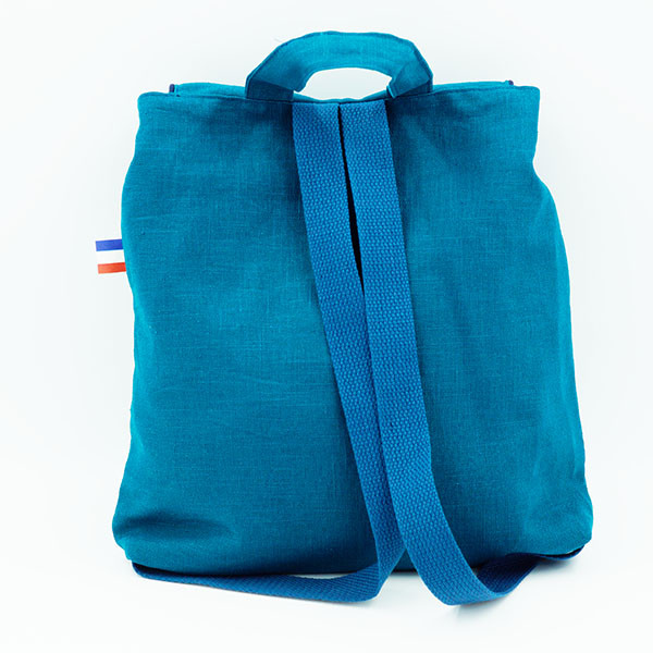Sac à dos enfant, lin bleu canard, biais doré