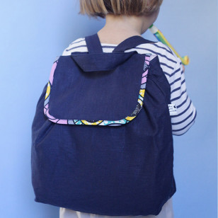 Sac à dos enfant, lin bleu marine, biais wax