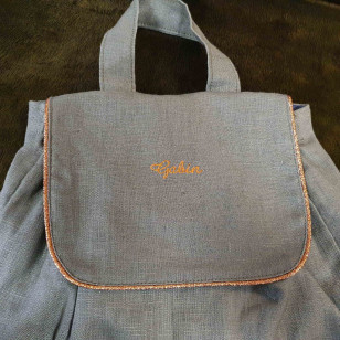 Sac à dos enfant, lin kaki, bord cuivré