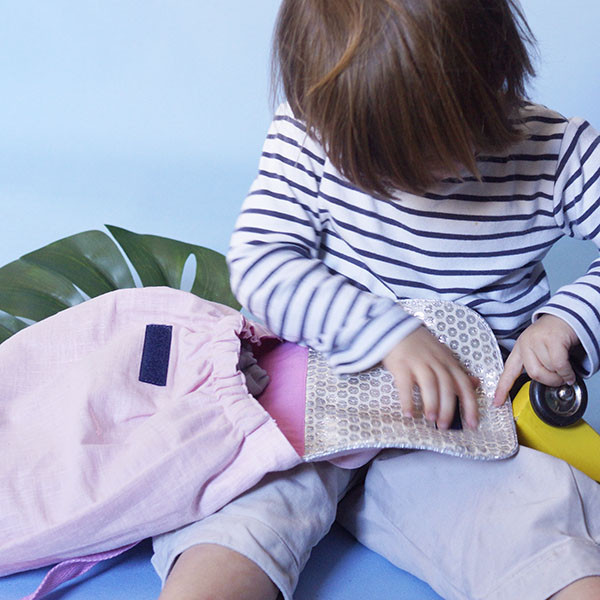 Sac à dos enfant, lin rose poudré, bord doré - Mon petit cartable