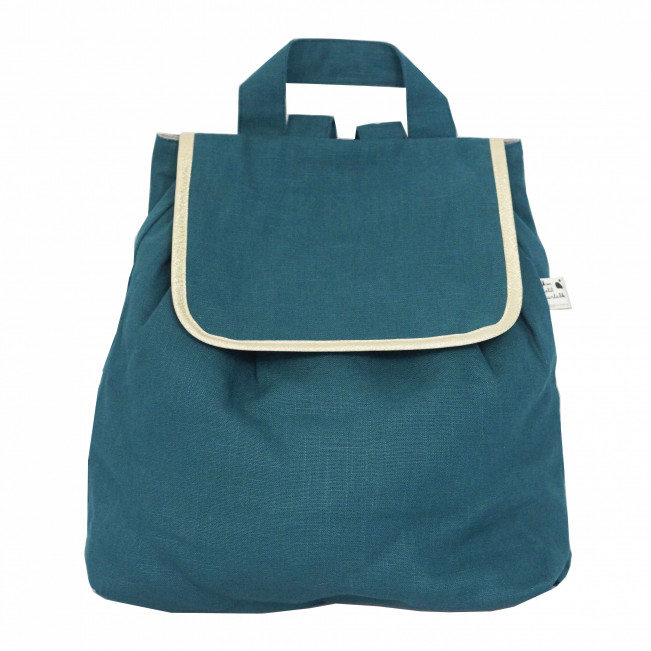 Sac à dos enfant, lin bleu canard, biais doré