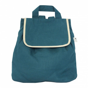 Sac à dos enfant, lin bleu canard, biais doré