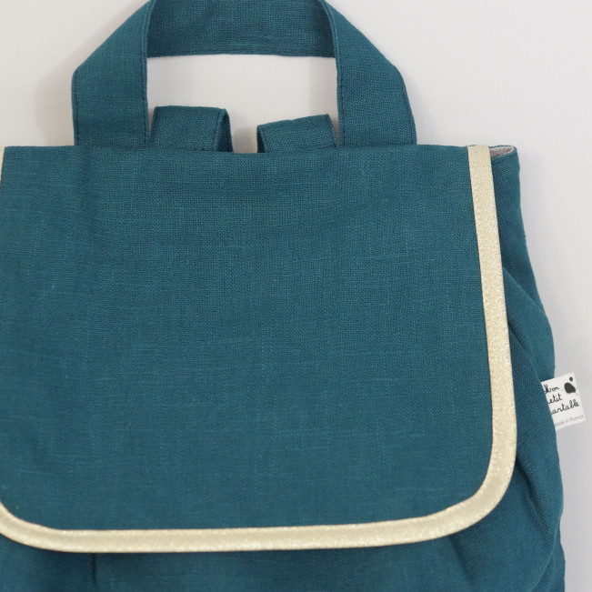 Sac à dos enfant, lin bleu canard, biais doré