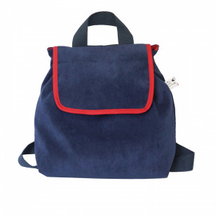 Sac pour enfant, velours bleu fine côtes, biais rouge