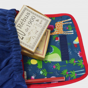 Sac pour enfant, velours bleu fine côtes, biais rouge