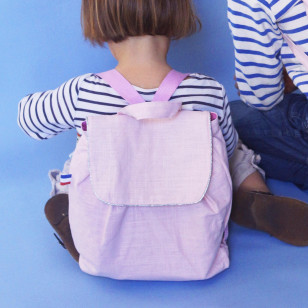 Sac à dos enfant, lin rose poudré, bord argent