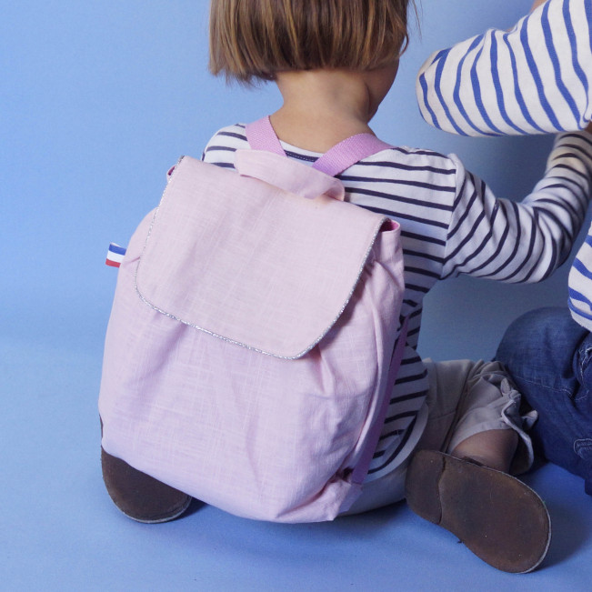 Sac à dos enfant, lin rose poudré, bord argent