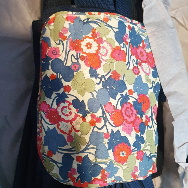 Sac à dos enfant, velours marine, liberty fleurs, biais doré