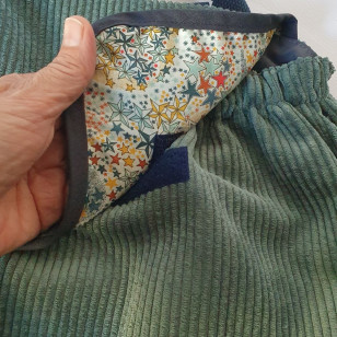 Sac à dos enfant, velours vert d'eau, liberty étoiles, biais anthracite