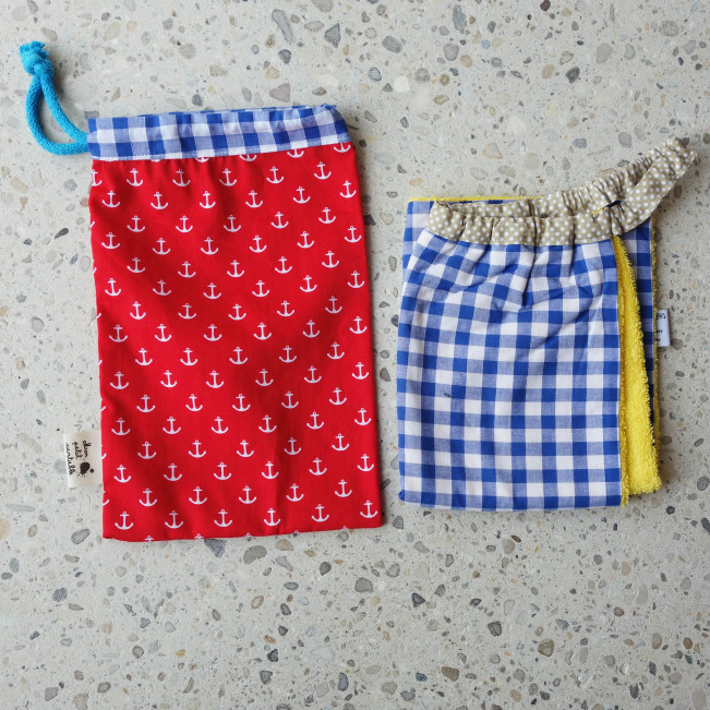 Housse serviette/petit sac gouter, ancres marine